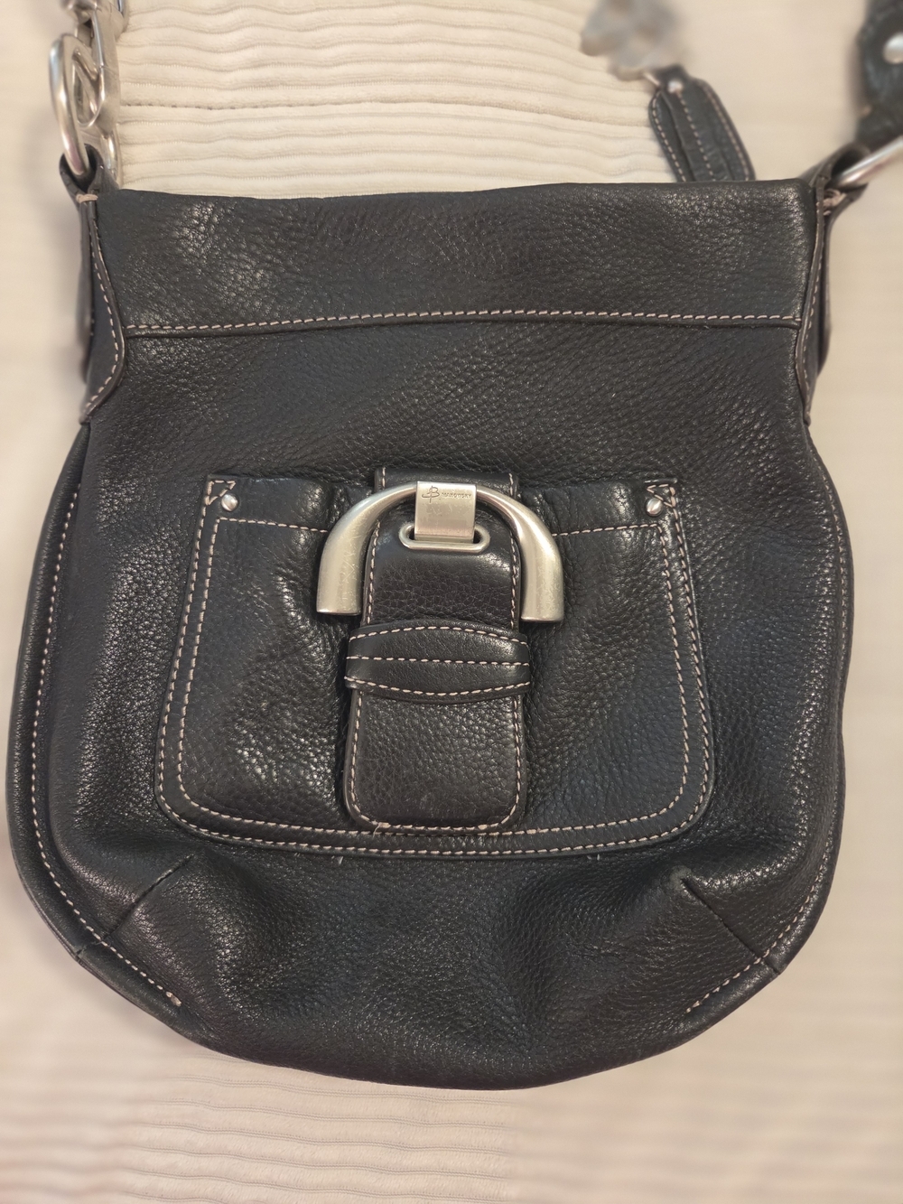 B.Makowsky Black Pebbled Leather Crossbody with Silver Buckle